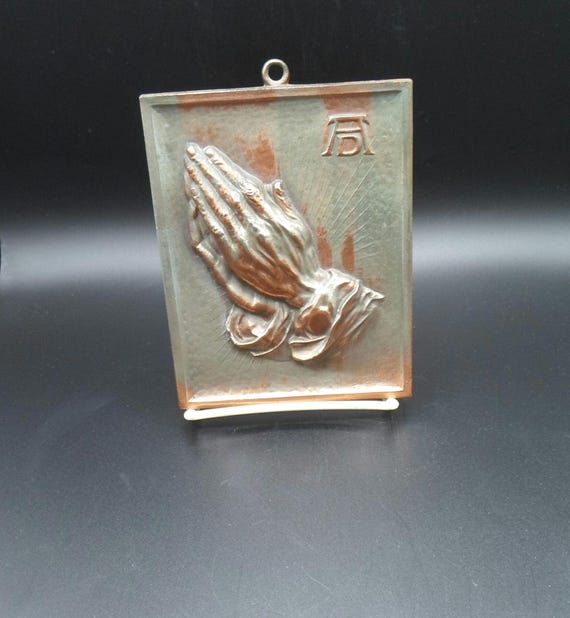 Vintage Praying Hands Plaque Albrecht Durer Style Fero Denmark Metal Distressed Design