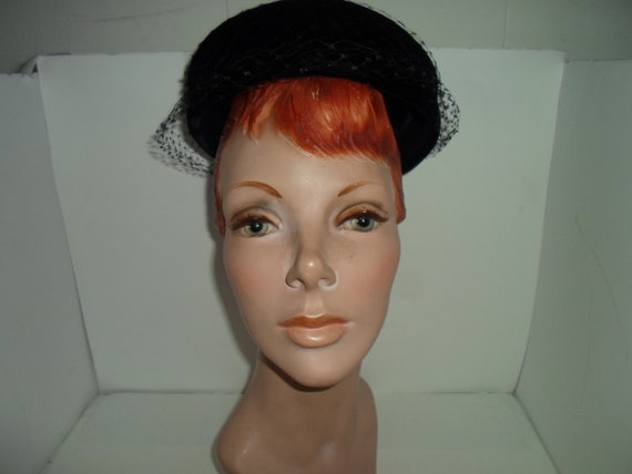 Vintage 1960's Hat Pill Box with Veil Over Black Velvet Fine Millinery Covered Button