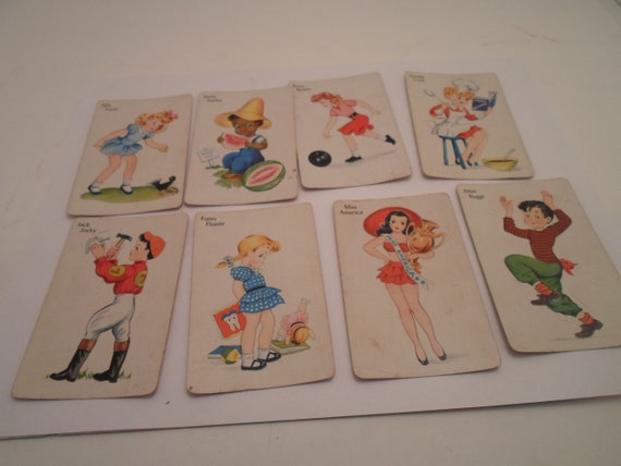 Vintage 9 Old Maid Cards Chic Chick Mis America Fusy Flossie Jack Jockey Jitter Bugs Goodie Cook Betsy Bowler Seedy Sam Silly Sue 50's