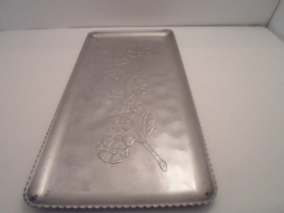 Mid Century Floral Engraved Aluminum Long Dresser Serving Tray Beautiful Flowers along entire length Cottage or Mid Century Decor