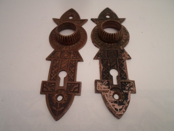 Eastlake Victorian 2 Brass Door Plates Hardware Extra Detailed Unusual Shape 6"long 2"wide Redecorate Replace Mansion Farmhouse Cottage Chic