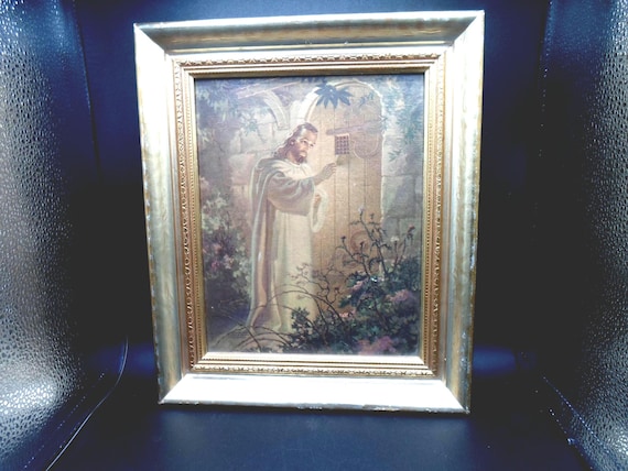 Vintage Warner Sallman Print Knock and It Shall be Opened Jesus At the Door Gold Leaf Frame Beautiful