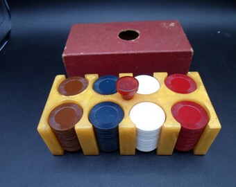 Vintage Bakelite Poker Chips with Round Bakelite Poker Chip Caddy CATALIN? Vintage Bakelite Poker Chips with Round Bakelite Poker Chip Caddy CATALIN?