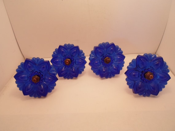 4 Antique Vintage Sandwich Glass Rosette Curtain Drape Tie Backs Fantastic Cobalt Blue Rare Color