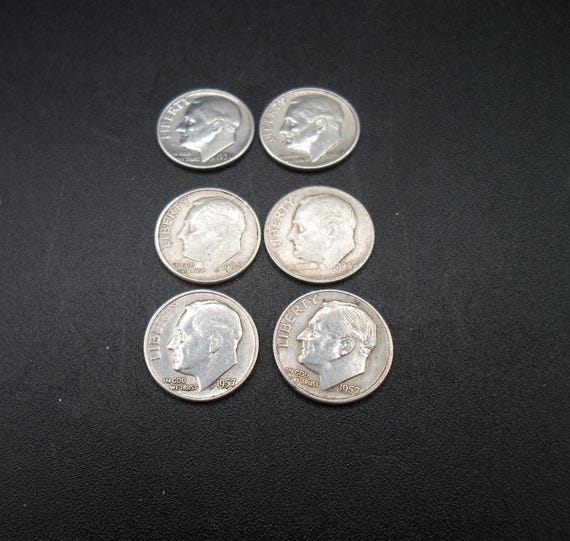 6 Silver Roosevelt Dimes 1946D 1951P 1957D 1957P 1962D 1964D All for one Bid Very Nice USA silver coin