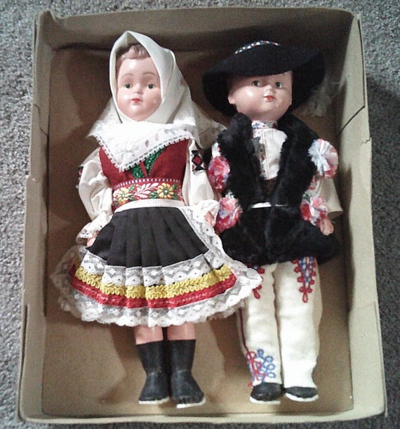Vintage Slovak Lidova Tvorba Dolls, 12-Inch Pair in Original Box MIB, Czechoslovakia