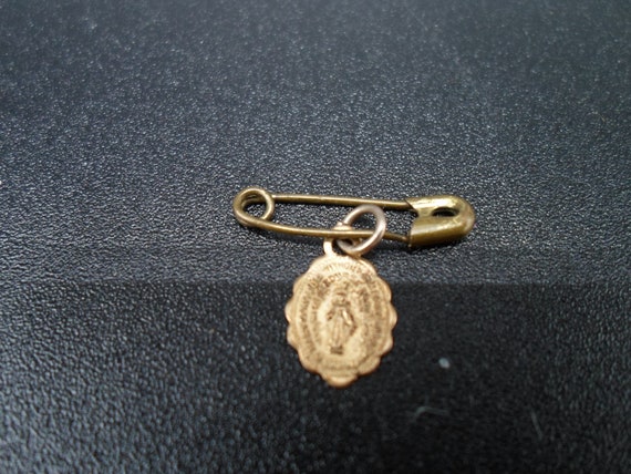 Vintage Mini Medal Catholic Gold tone Brass Undie's Medal with Original Safety Pin 1950's Adorable Charm