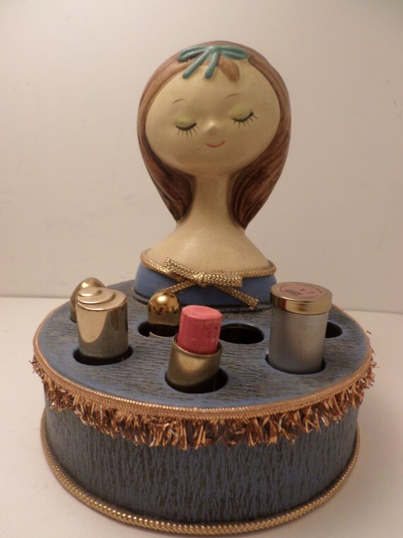 Vintage 60's pretty girl papier mache lipstick holder for vanity I. Rice Japan
