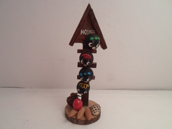 Vintage Tiki Native Souvenir Wood Totem pole Whimsical Adorable Figureine made in Japan 1950's Bar Decor Tiki Bar Collectable
