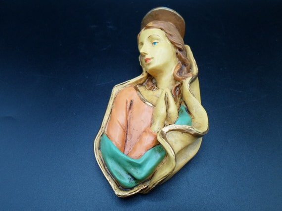 Vintage Madonna Virgin Mary Wall Plaque 4.5" Beautiful hand painted with gold leaf 1990's