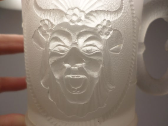 early 1880's antique satin pattern glass mug satyre man with horns dragon face wow!