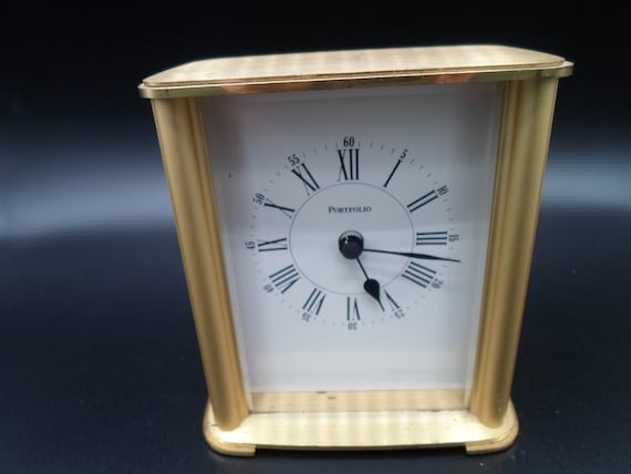 Vintage TIFFANY Portfolio Brass Mantle Desk Top Clock Battery Signed  not working