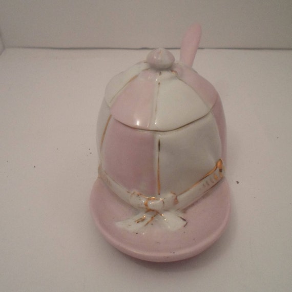 Antique Victorian Edwardian Glazed Bisque Jelly Jam Mustard Honey Jar with original spoon Equestrian Hat shape