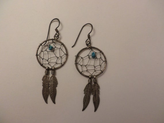 Vintage 80's Dream Catcher feather dangle earrings sterling silver turquoise