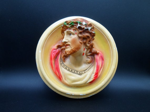 Vintage Chalkware Wall Plaque Suffering Christ Jesus Crown of Thorns Mournful Face 1940's 50's chips