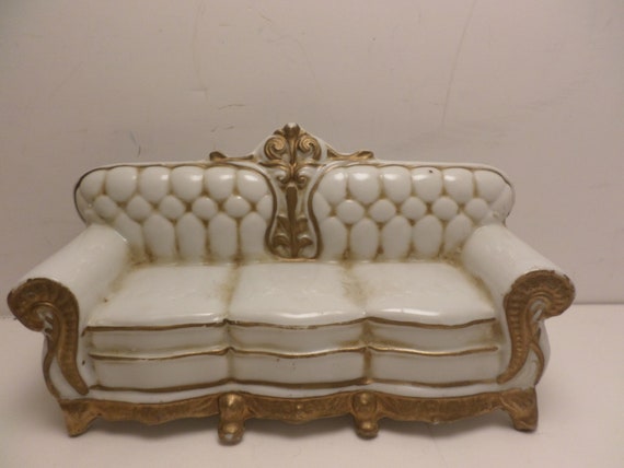Vintage porcelain antique couch dollhouse size gold leaf