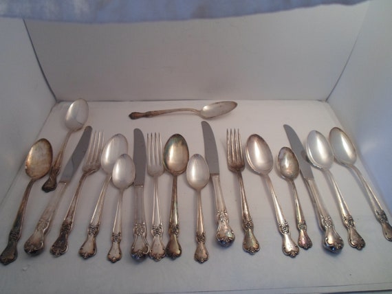 Vintage 50's Signed Old Company Silver Plate Flatware Pieces 8 large soups 3 t spoons 3 forks 4 butter knives Monogrammed with a K