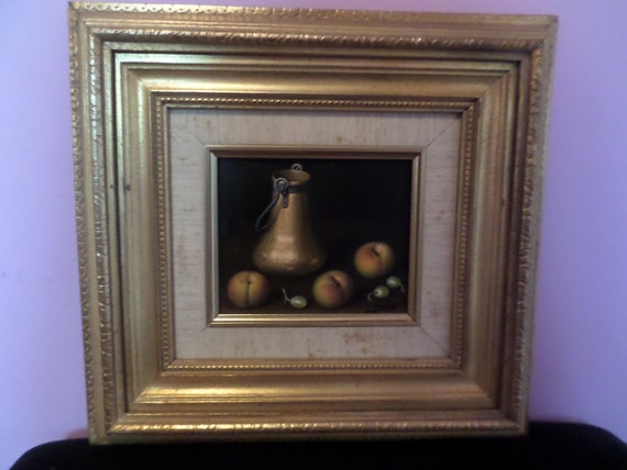 Fabulous Oil Painting L Pizarro Peaches, copper pot still life framed Antique