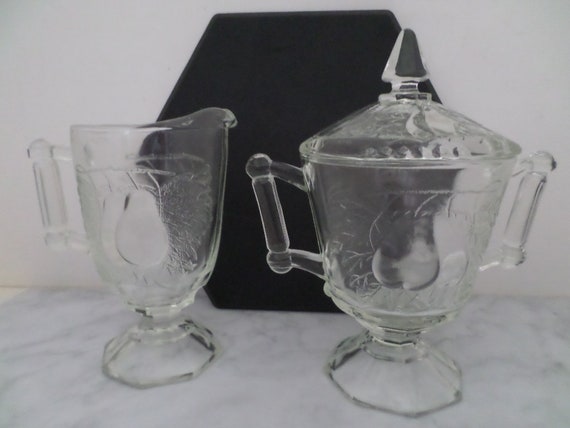 vintage 1950's Jeannette pattern glass Baltimore pear sugar bowl, lid and creamer