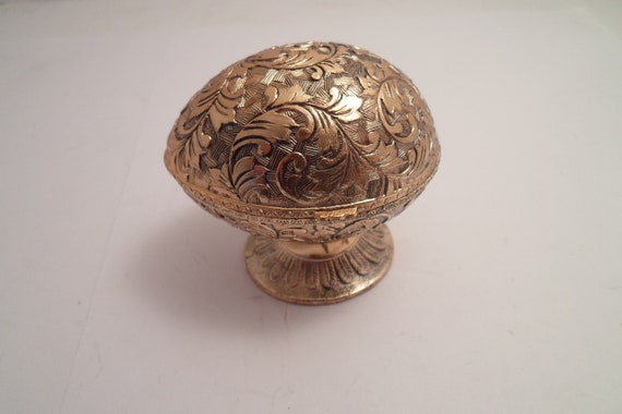 Vintage Brass Faberge Style Minature Egg Carved Ferns opens to Fabric lined Casket Adorable Jewelry Ring or Trinket Case Holiday Wonder