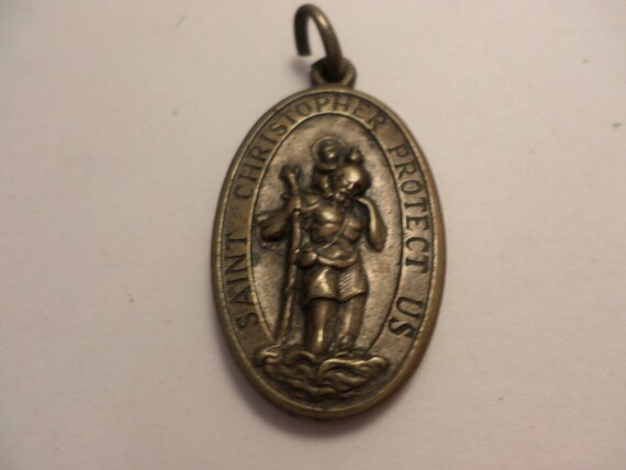 Vintage brass St Christopher St Raphael protect us pendant