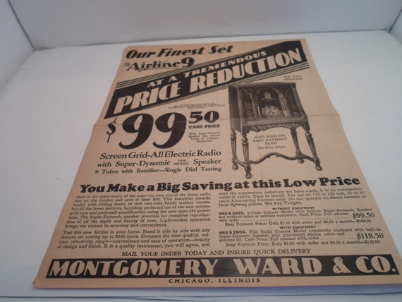 Art Deco Montgomery Ward Advertising Sale Hand Bill for Airline Radios and Tubes 1930's Found in Indiana Estate Frame Ready Decorator cool