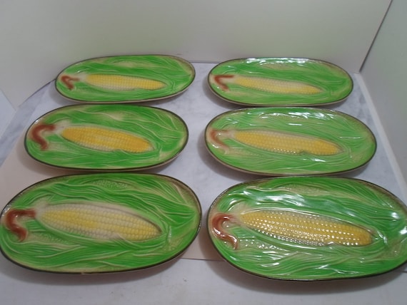 Vintage 6 Antique Corn on the Cob Oval Plates Detailed in Relief Mold Made In Japan 1920's rare.