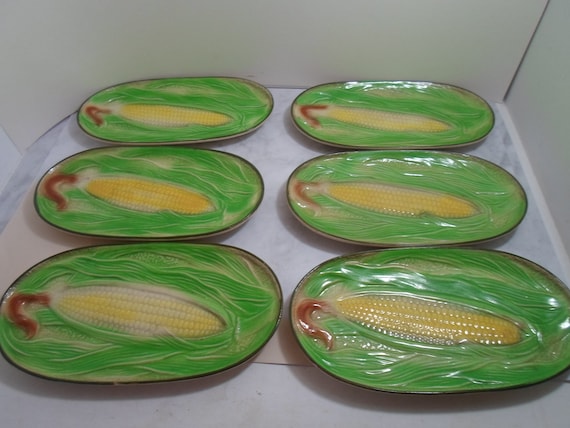 Vintage 6 Antique Corn on the Cob Oval Plates Detailed in Relief Mold Made In Japan 1920's rare. Suburb