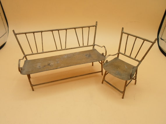 Vintage Mini Wire Furniture Dollhouse Folk Art Parson Bench and Chair Hand Made