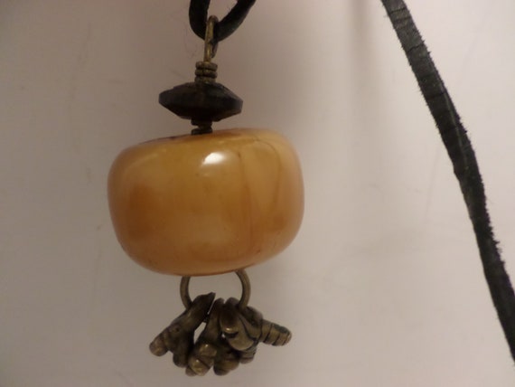 Vintage ethnic African AMBER Mali wood bead & Brass beads fromthe Peul people of N. Cameroon pendant necklace