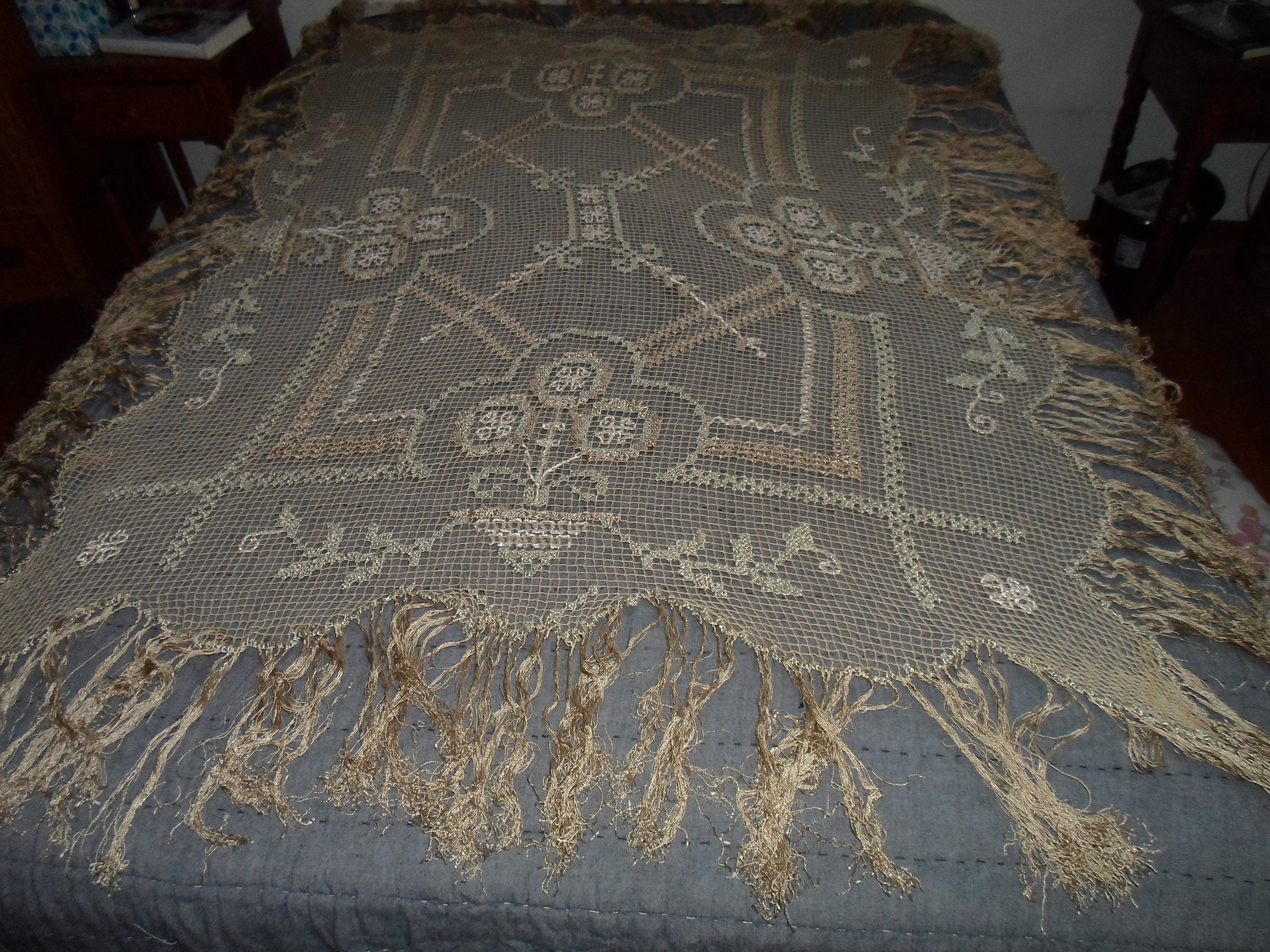 Antique Vintage Needlework Lace Large Shawl Tedious Work 70 x 70 plus