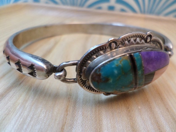 Vintage American Navajo J Howe signed Sterling silver and turquoise, onyx and varied stones bracelet