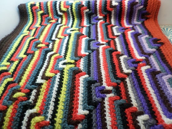 vintage handmade 70's Crocheted patchwork unique optical design blanket
