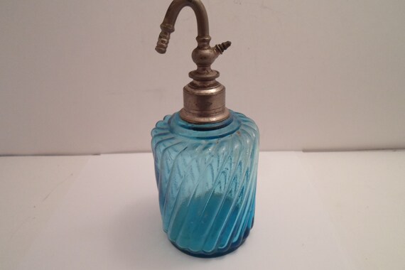 Antique Baccarat Swirl Glass Perfume Bottle with Atomizer hardware Stunning Rare Blue Art Deco Vanity Beautiful
