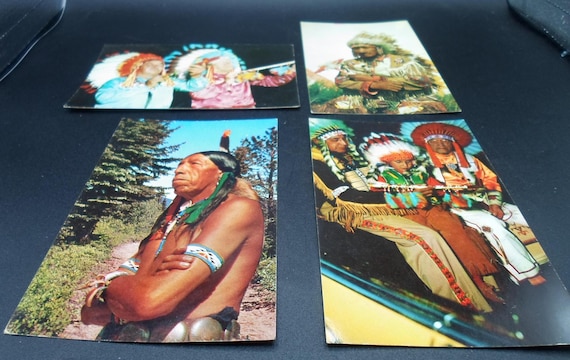 Vintage 4 American Indian Post Cards1950's Plastichrome Curteich color Art Transparencies USA Cool!