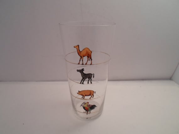 Vintage Barware Paneled Glass Tumbler Measuring Drinking Ability by Figures of Camel Pig Donkey Rooster Caveman on Bottom use or Re purpose