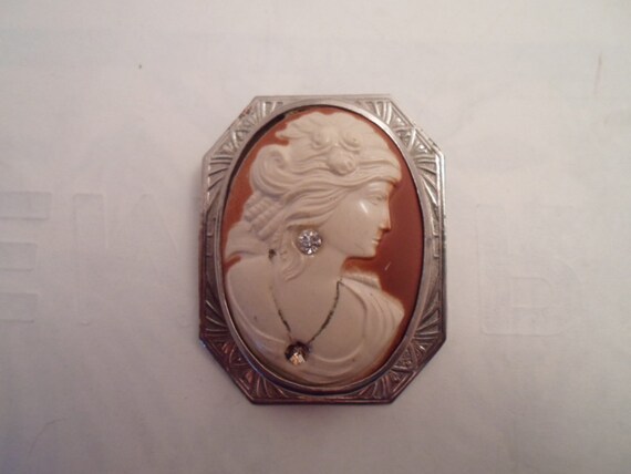 Antique Art Deco Brooch Pin Large Domed Catalin Cameo in Etched Silver Plated Frame As Is Real Beauty Rhinestone Earring Repair Re Purpose