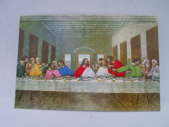 Vintage Embroidered Large Holy Cards The Last Supper Frameable Prayer Card 1990's