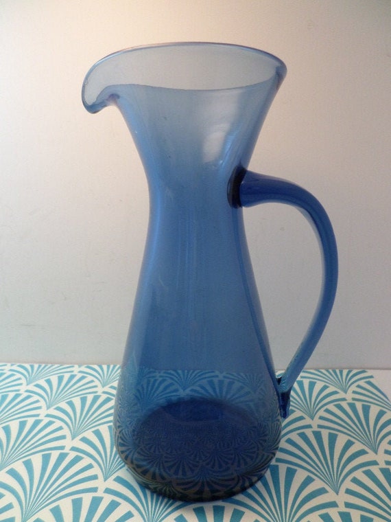 beautiful MCM hand blown art glass pitcher deep blue applied handle pontil bottom