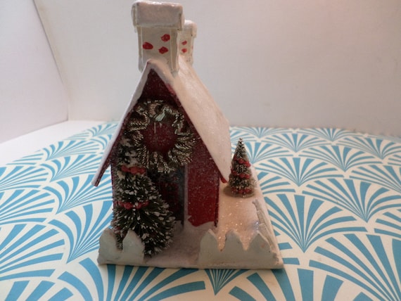 Vintage ornament SCF trademark 06 Putz Mica retro red and white chalet house from glitter village Christmas decor