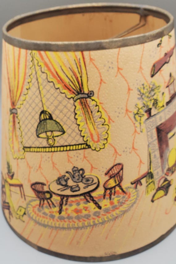 Vintage Lamp Shade Printed Retro Cabin Pioneer Powder Horn Cat Rocker Table Chairs Lamp6.50" tall 1950