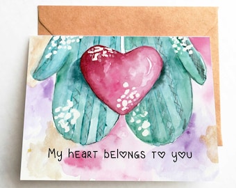 Valentijnsdag kaart, mijn hart behoort aan jou, aquarel schilderij kaart, gelukkige Valentijnsdag kaart, kaart voor vriend, kaart voor vriendin