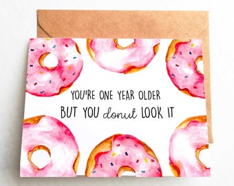 Donut verjaardagskaart - leuke kaart, punny kaart, aquarel kaart, beste vriend verjaardagskaart, leuke wenskaart, roze verjaardagskaart