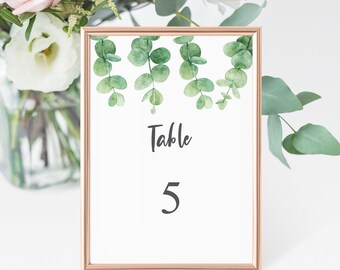 Table Card Numbers, Editable PDF, Eucalyptus Wedding, Printable Sign