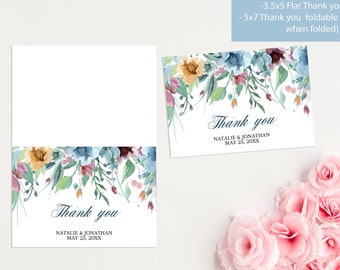 Printable Thank you card, wedding Dusty Blue Watercolor Flowers, Template, editable pdf, Wedding Stationery