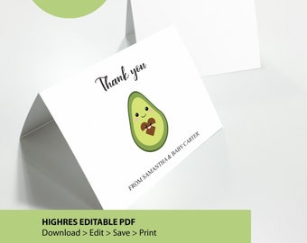 Thank you Card Printable, Editable PDF, Kawaii Avocado, baby shower, Instant Download, Digital