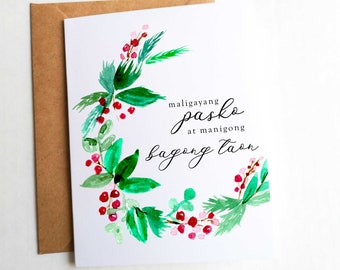 Tagalog Christmas Card, Maligayang Pasko at Manigong Bagong Taon, Watercolor Christmas Wreath, Filipino Greeting Card, Filipino Card