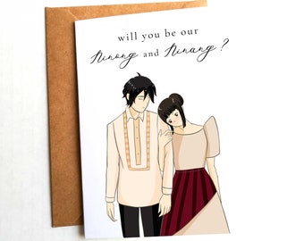 Bent u onze Ninong en Ninang, Tagalog Card, Filipijnse wenskaart, Filipijnse trouwkaart, Barong Tagalog, Filipijnse kaart
