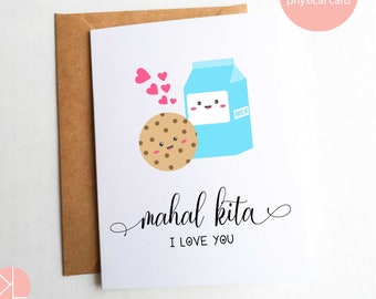 I Love You Card, Kawaii Milk and Cookies, Mahal Kita, Tagalog Card, Card for Boyfriend, Filipino Greeting Card, Tagalog English, Pinoy Gift