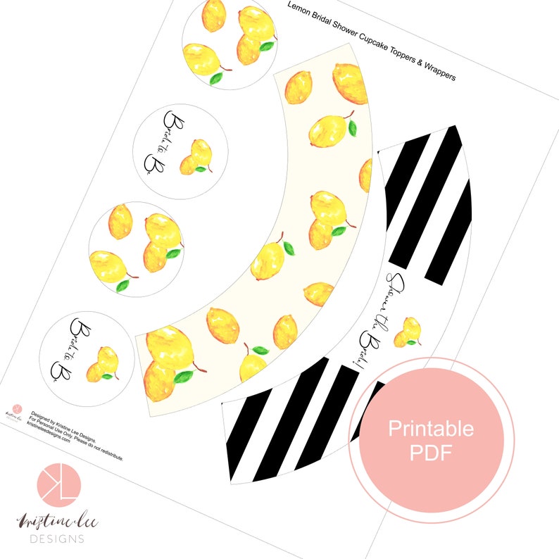 Printable Cupcake Wrappers, Cupcake Toppers, Lemon Bridal Shower, PDF, Party Printables, bridal shower decoration, Lemon Printable image 2